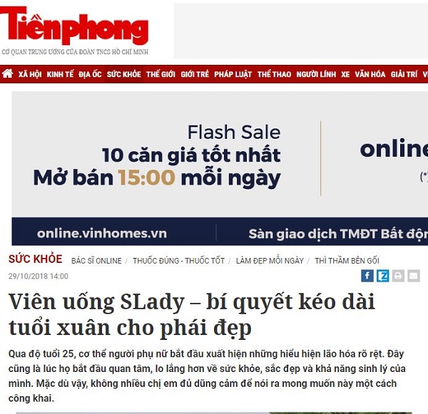 Báo Tienphong.vn giới thiệu về Slady – sản phẩm giúp chống lão hóa, kéo dài tuổi xuân cho phái đẹp