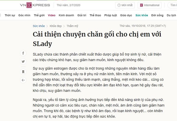 Viên uống SLady được báo Vnexpress.net nhắc đến giúp cải thiện “chuyện ấy” cho chị em.